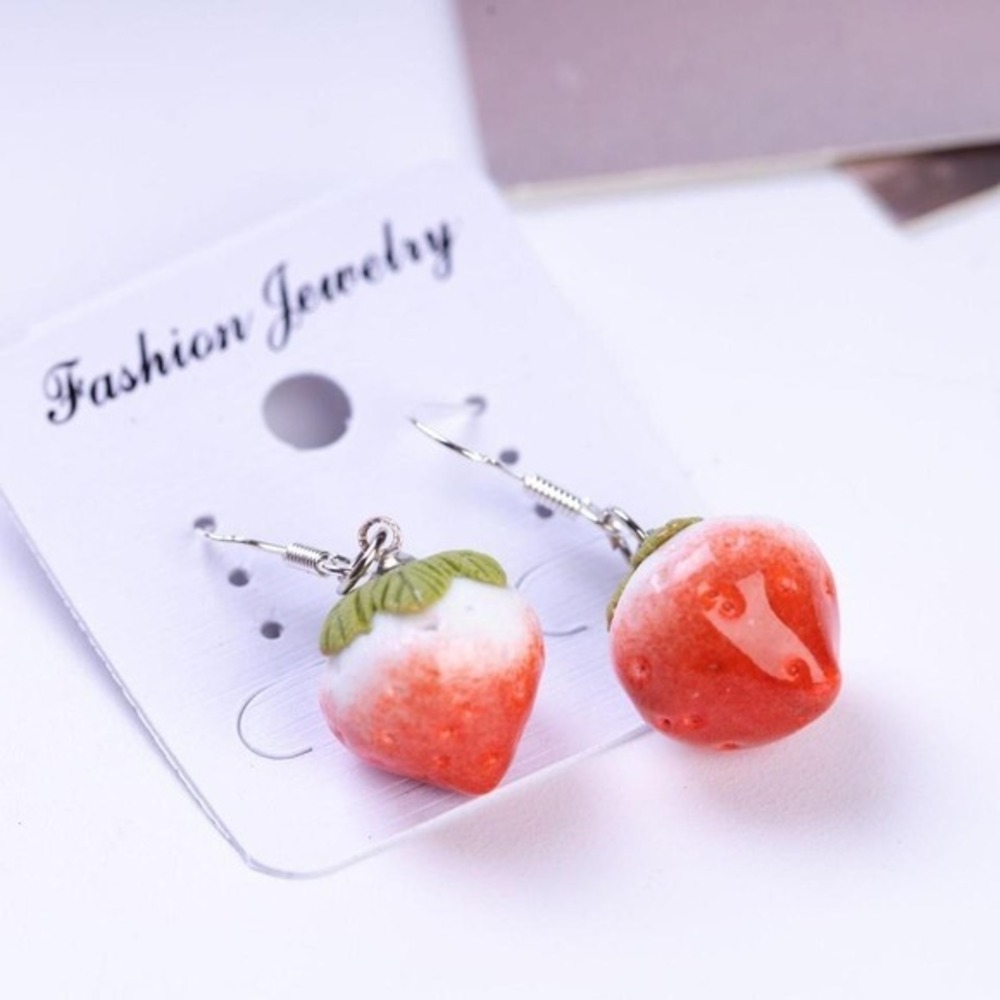 Sweet Strawberry Dream – Glossy Ceramic‎ Dangle Earrings, 1.5 cm Fruit-Inspired